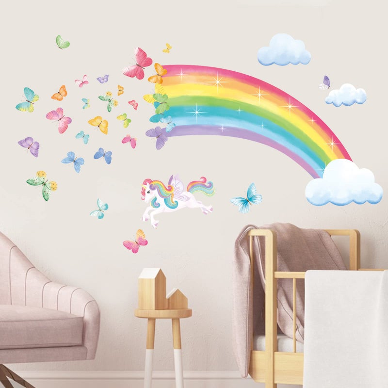 decalmile Rainbow Wall Decals Unicorn Rainbow Butterflies Clouds Wall Stickers Baby Nursery Girls Bedroom Daycare Wall Decor Gifts for Girls - Image 2